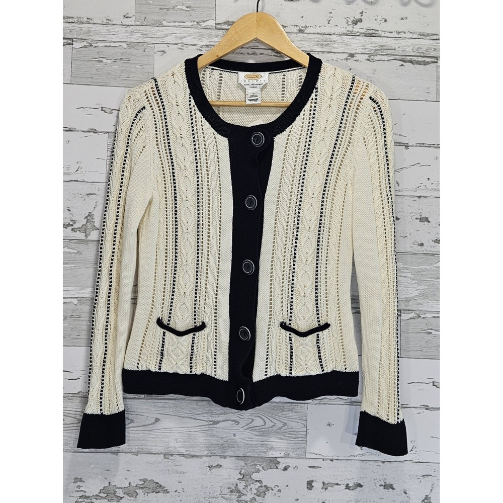 Talbots Petites Cardigan Sweater Womens P Cream Navy Blue Mercerized Cotton Knit